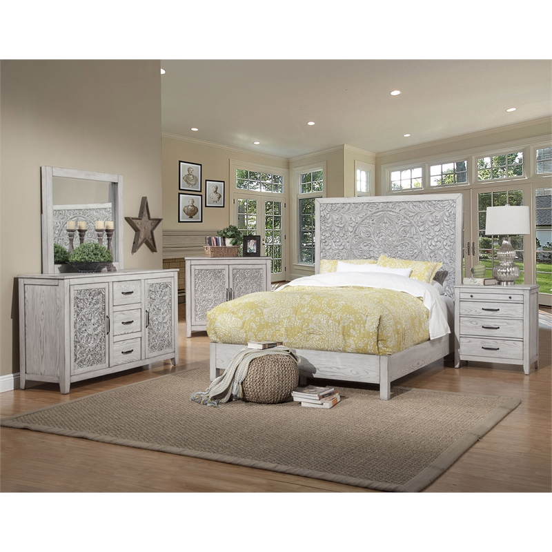 Origins by Alpine Aria California King Wood Panel Bed in Weathered Light Gray