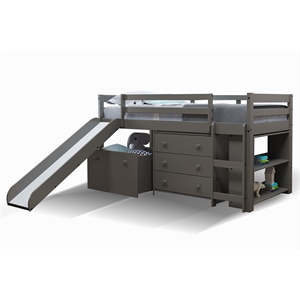 Gray Complete Wood Mini Loft Twin Bed with Slide and Case Goods