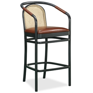 bobby berk black and brown bar stool with rattan mat back and vegan leather seat
