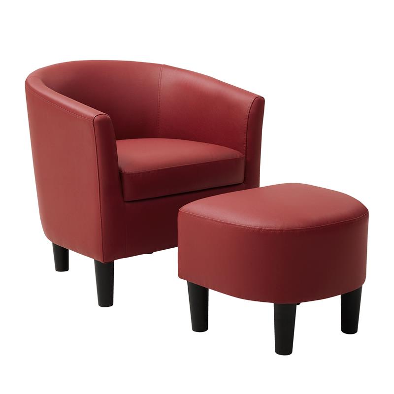 YL Grand Jazouli Faux Leather Barrel Accent Chair and Ottoman in Red