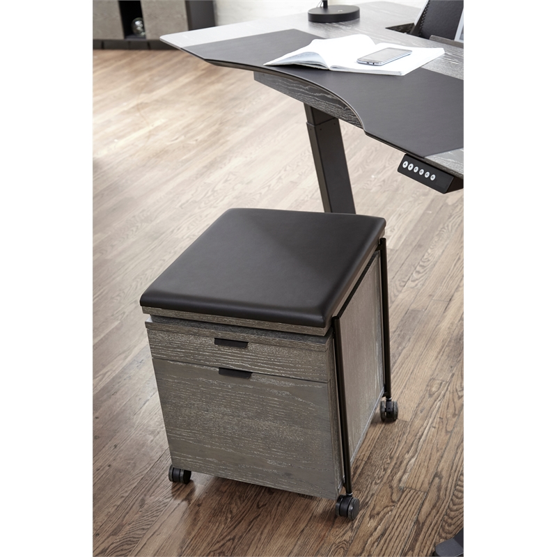 Unique Furniture 2 Drawer Mobile Pedestal with Black Seat in Gray Ash