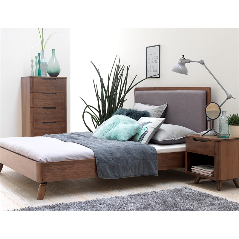 Unique Furniture Acacia Wood and Fabric Upholstered Queen Platform Bed in Walnut