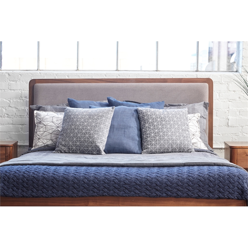 Unique Furniture Acacia Wood and Fabric Upholstered Queen Platform Bed in Walnut