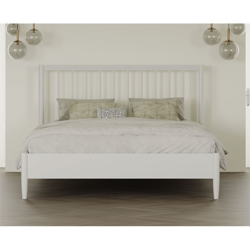 Mid-Century Modern Headboard Platform King Bed - White