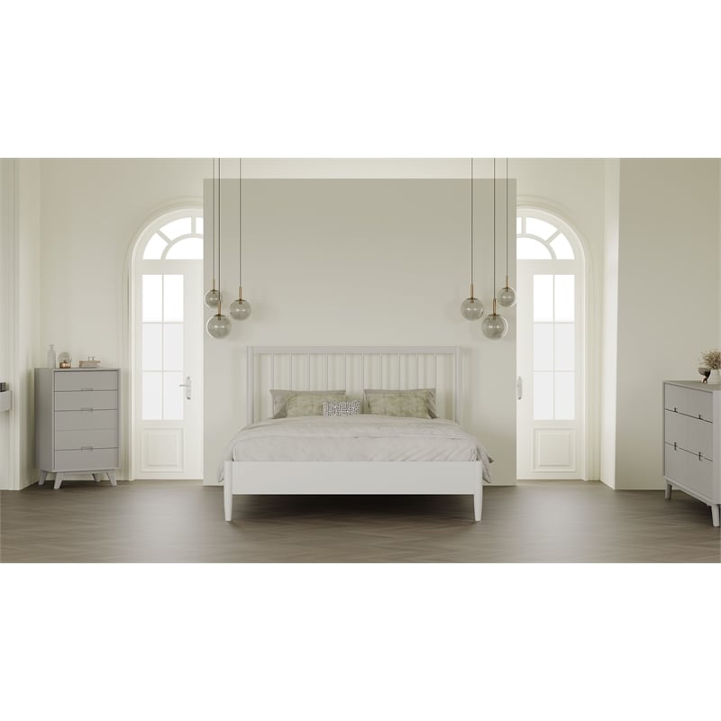 Mid-Century Modern Headboard Platform King Bed - White