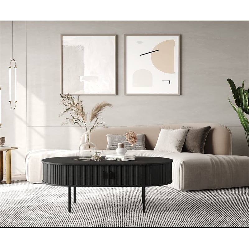 Unique Furniture Engineered Wood Rounded Sliding Door Coffee Table in Black Oak