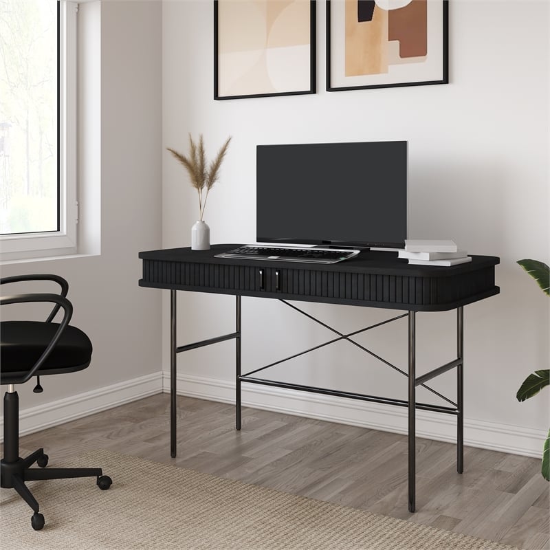 Unique Furniture Mid-Century Modern Rounded Sliding Door 47x24 Desk in Black