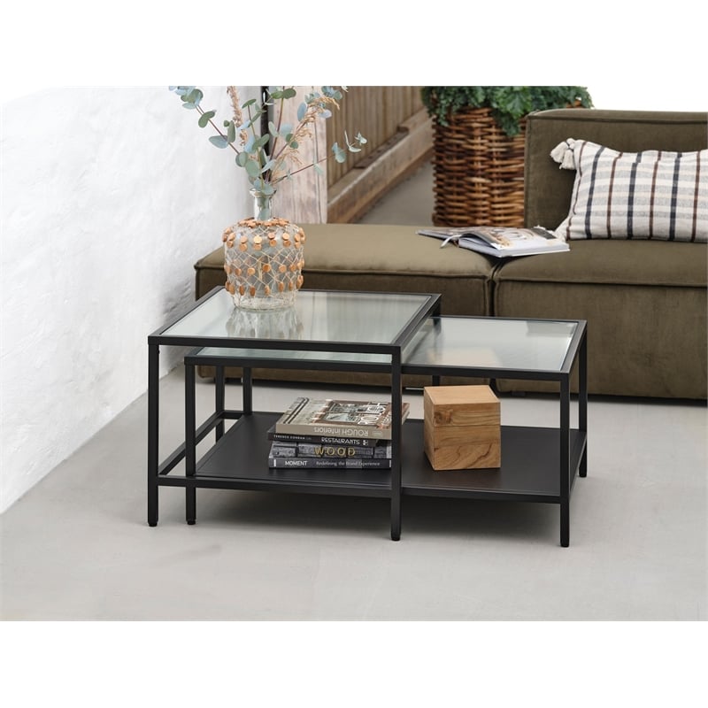 Unique Furniture Metal and Fluted Glass Nesting Coffee Table Set in Black