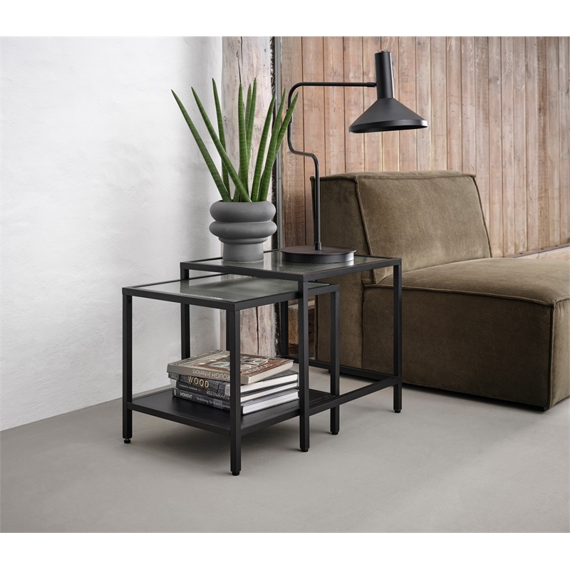 Unique Furniture Metal and Fluted Glass Nesting End Table Set in Black