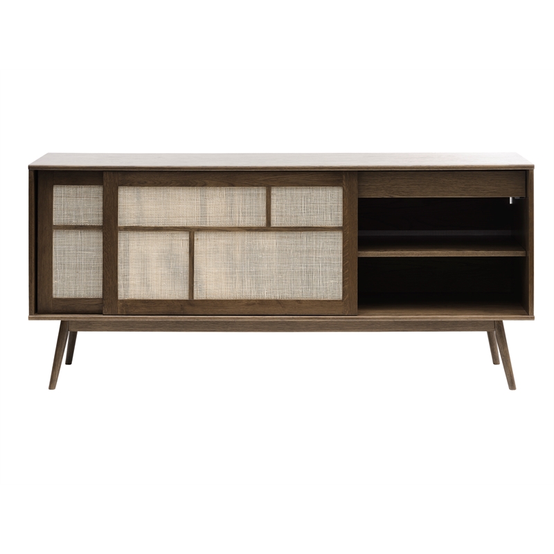 Modern Oak and Rattan Sliding Door Sideboard