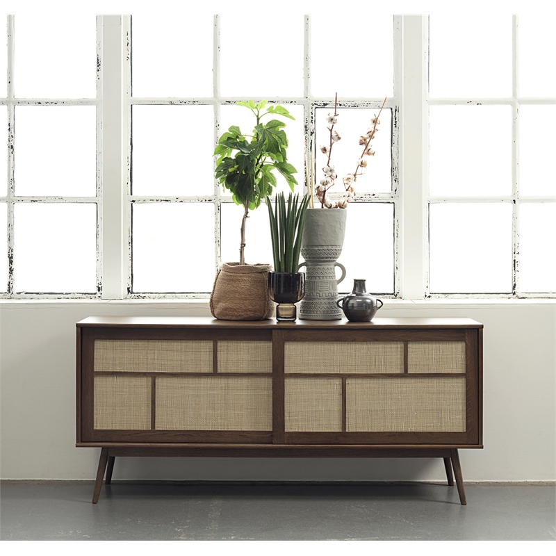 Modern Oak and Rattan Sliding Door Sideboard