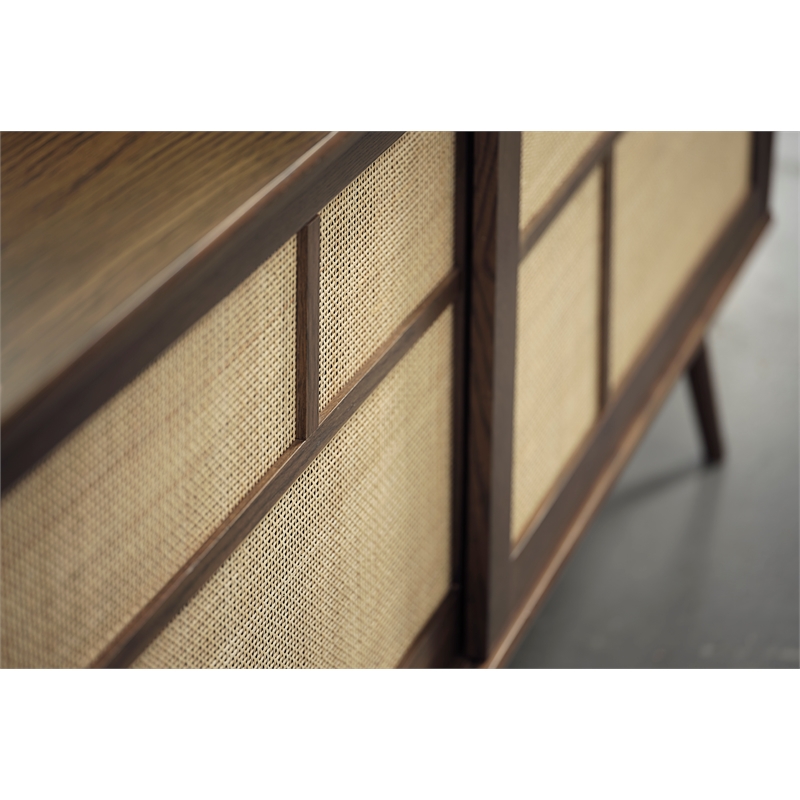 Modern Oak and Rattan Sliding Door Sideboard