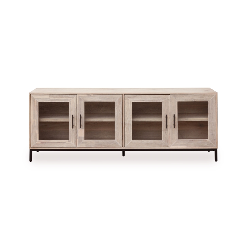 Mountain White Wood Veneered 79-inch TV Cabinet with Tempered Glass Doors