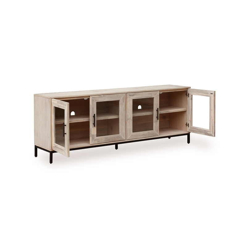 Mountain White Wood Veneered 79-inch TV Cabinet with Tempered Glass Doors