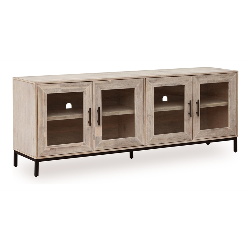 Mountain White Wood Veneered 79-inch TV Cabinet with Tempered Glass Doors