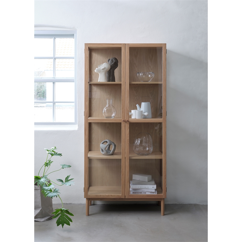 Modern 75-inch High Glass Panel Cabinet - Natural Oak