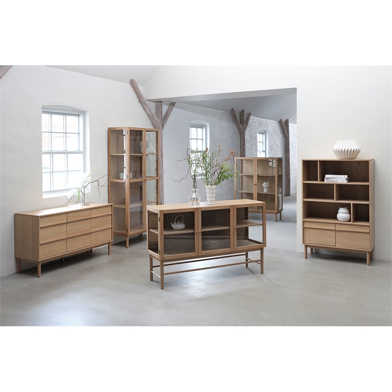 Modern 75-inch High Glass Panel Cabinet - Natural Oak