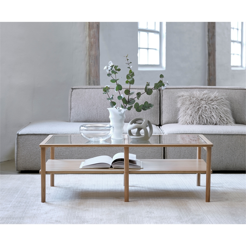 Modern Glass Top Coffee Table with Shelf - Natural Oak
