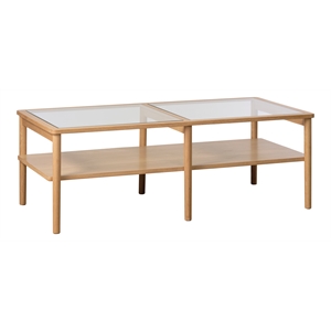 Modern Glass Top Coffee Table with Shelf - Natural Oak
