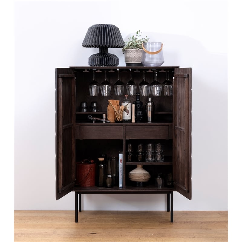 Unique Furniture Modern Drinks Cabinet with Glass Rack - Espresso Oak