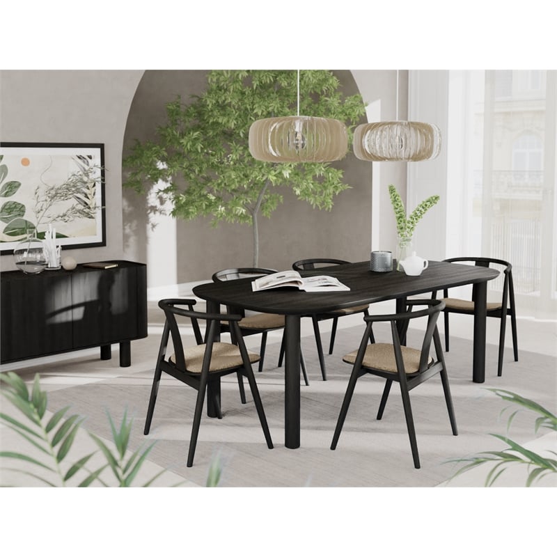 Unique Furniture Contemporary Wood Veneer Round Edges Dining Table in Black Oak