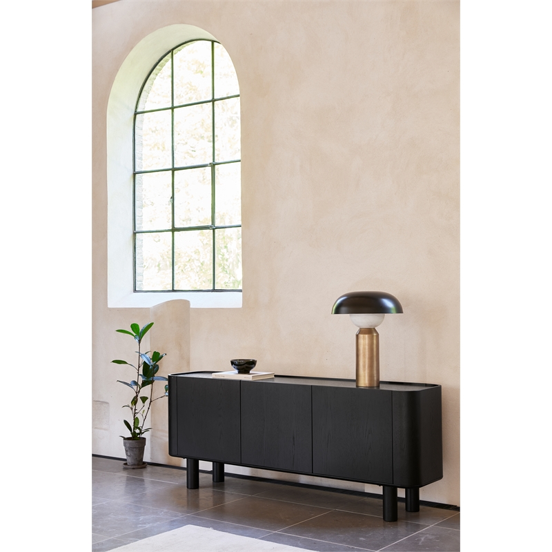 Unique Furniture Contemporary Wood Veneer Round Edges Sideboard in Black Oak