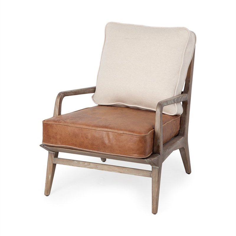 Merana Harman II Cream Fabric and Brown Leather Seat Accent Chair
