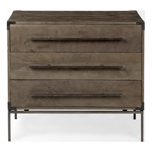 mercana furniture ward  dark brown wood & iron three drawer accent cabinet