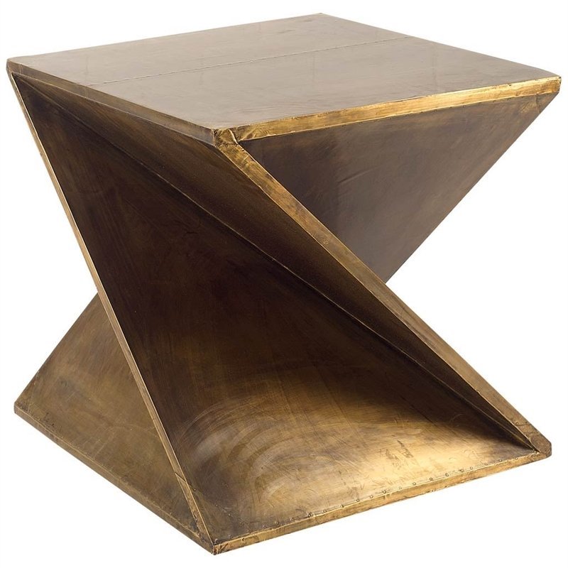 Mercana Zelda 20 x 20.8  Z-Shaped Brass-Clad Wooden Accent Table