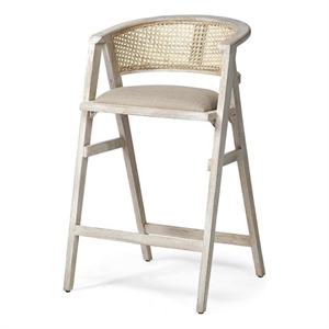 Mercana Tabitha 30.75&quot Seat Height Cream Fabric/Rattan Seat Beige Wood Bar Stool