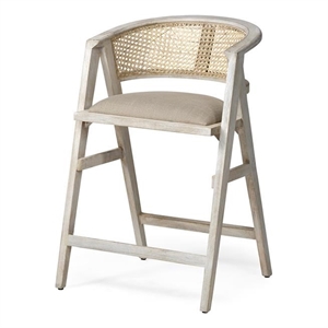 Mercana Tabitha 26.75&quot Cream Fabric/Rattan Seat Beige Wood Counter Stool