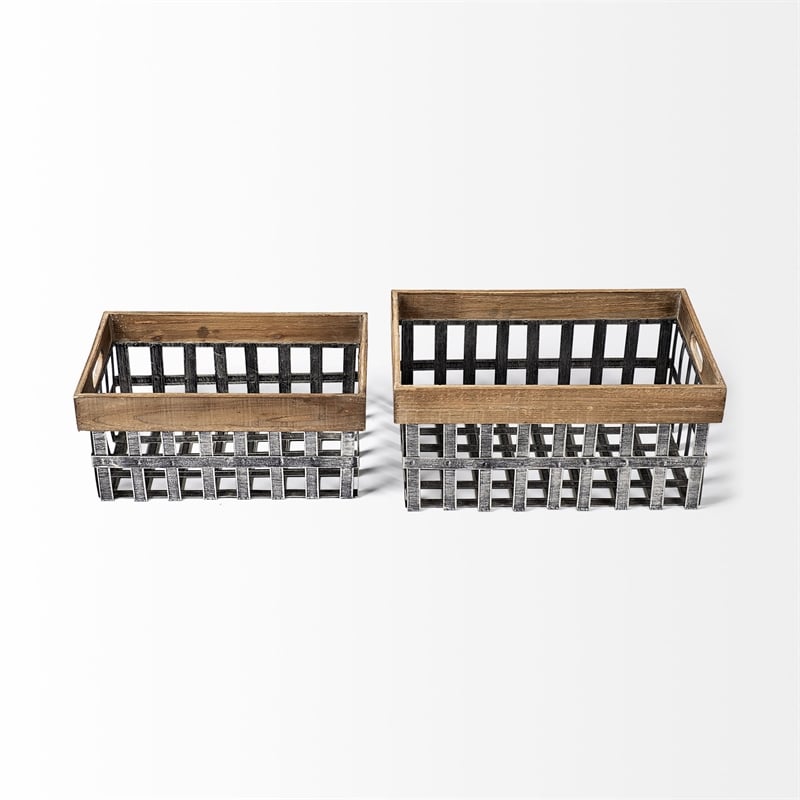 Mercana Chartrand Set of 2 Open Crate Style Brown Wood/Metal Baskets