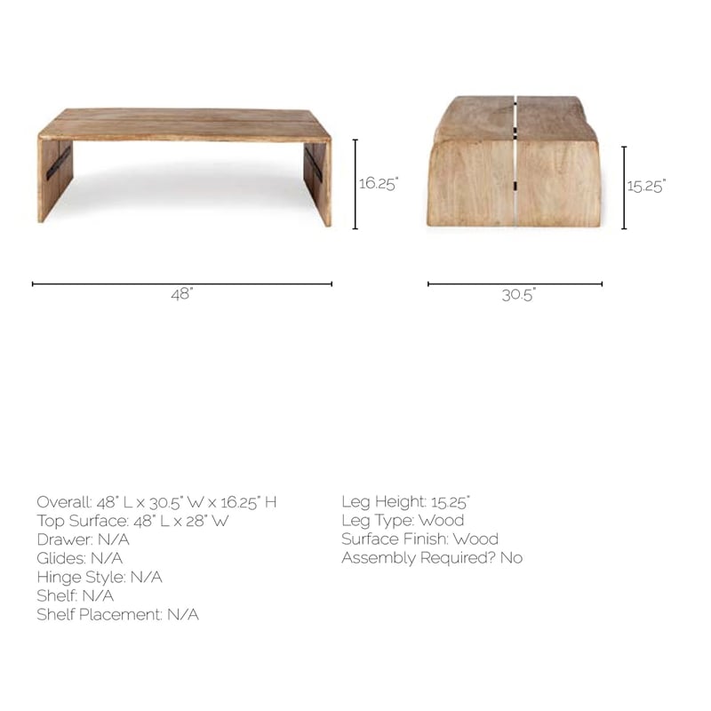 Mercana San Andreas II 48x25 Rectangula Brown Solid Wood Top & Base Coffee Table