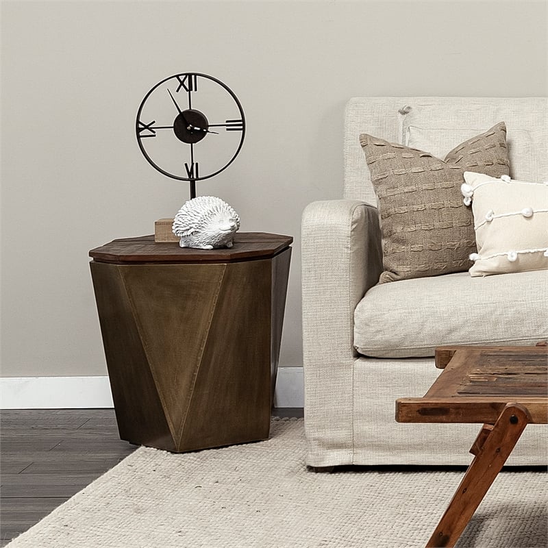 Mercana ESAGONO II HEXAGONAL BRASS AND NATURAL WOOD HINGED-TOP END/SIDE TABLE