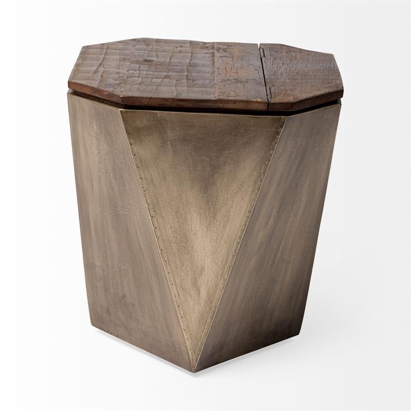 Mercana ESAGONO II HEXAGONAL BRASS AND NATURAL WOOD HINGED-TOP END/SIDE TABLE