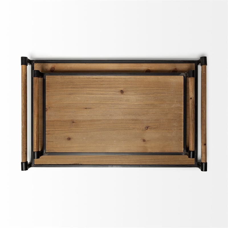 Mercana Benson Set of Two Light Brown Wood Black Iron Decorative Serving Trays