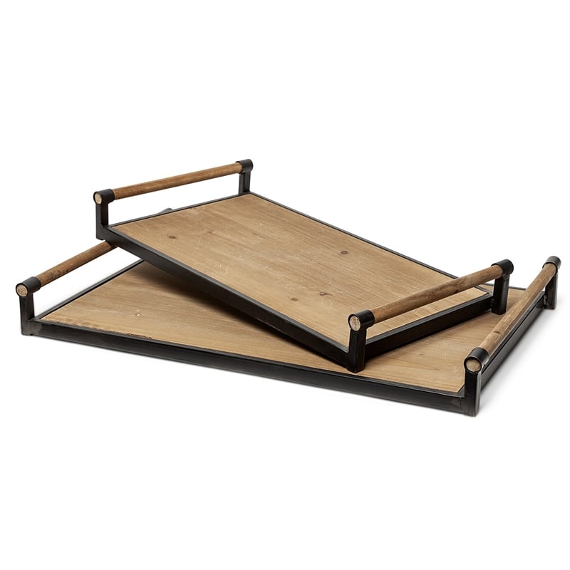 Mercana Benson Set of Two Light Brown Wood Black Iron Decorative Serving Trays