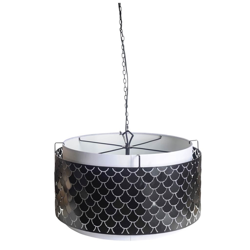 Mercana Brasseur I 26x15 Charcoal Black Metal Fish Scale Three Bulb Ch&elier