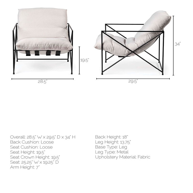 Leonidas Cream Fabric Padded Seat w/ Black Metal Frame Accent Chair
