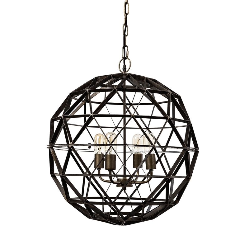 Mercana Dyson II 22.5x22.5 Black Metal Triangular Orb Four Bulb Ch&elier
