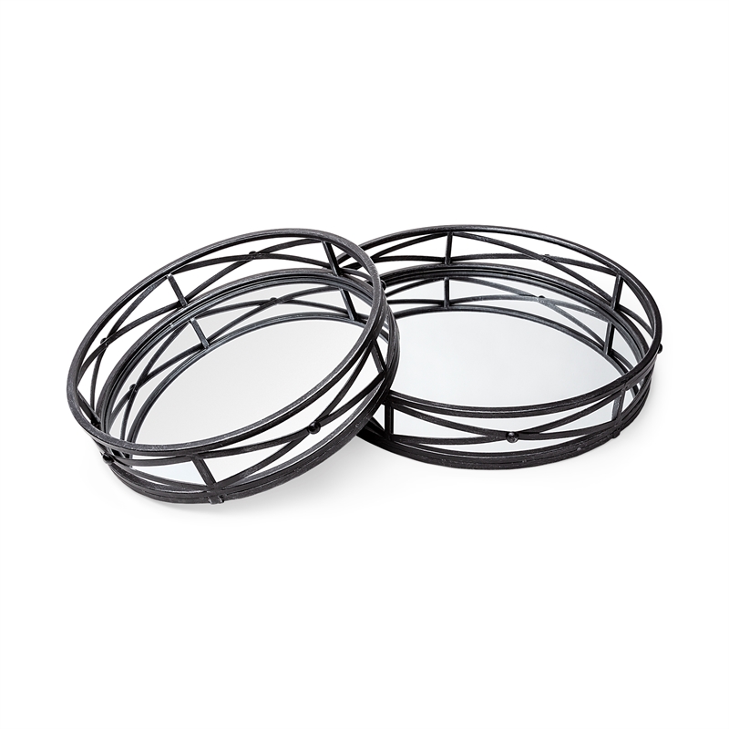 Mercana Piers Set of Two Black Metal Mirrored Round Trays