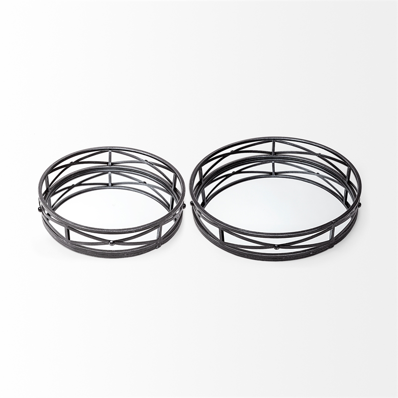 Mercana Piers Set of Two Black Metal Mirrored Round Trays