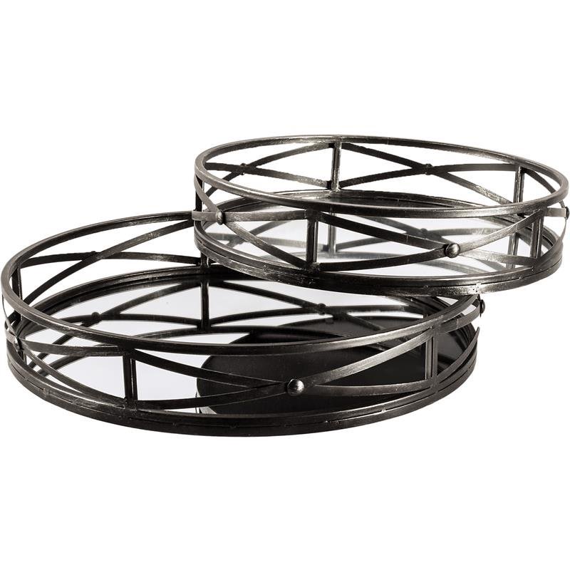 Mercana Piers Set of Two Black Metal Mirrored Round Trays