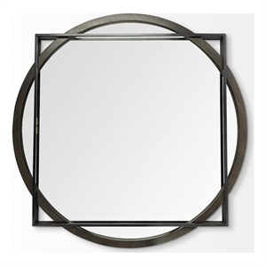 Mercana Norbert 46&quot Round-Square Black Wood/Metal Frame Mirror