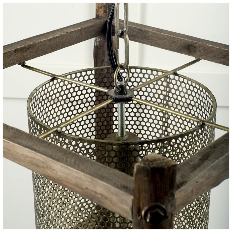 Mercana Keppler II 16x18.3 Brass Meshed Metal and Brown Wood Pendant Light