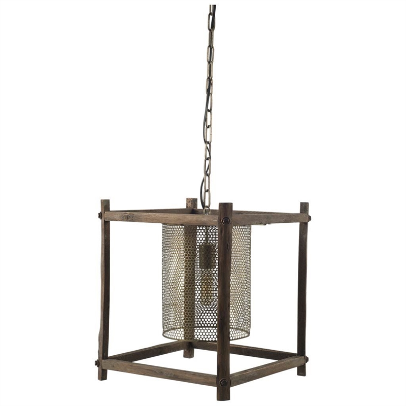 Mercana Keppler II 16x18.3 Brass Meshed Metal and Brown Wood Pendant Light