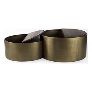 eclipse set of 2 36 & 32 round brown wood top gold metal base coffee tables
