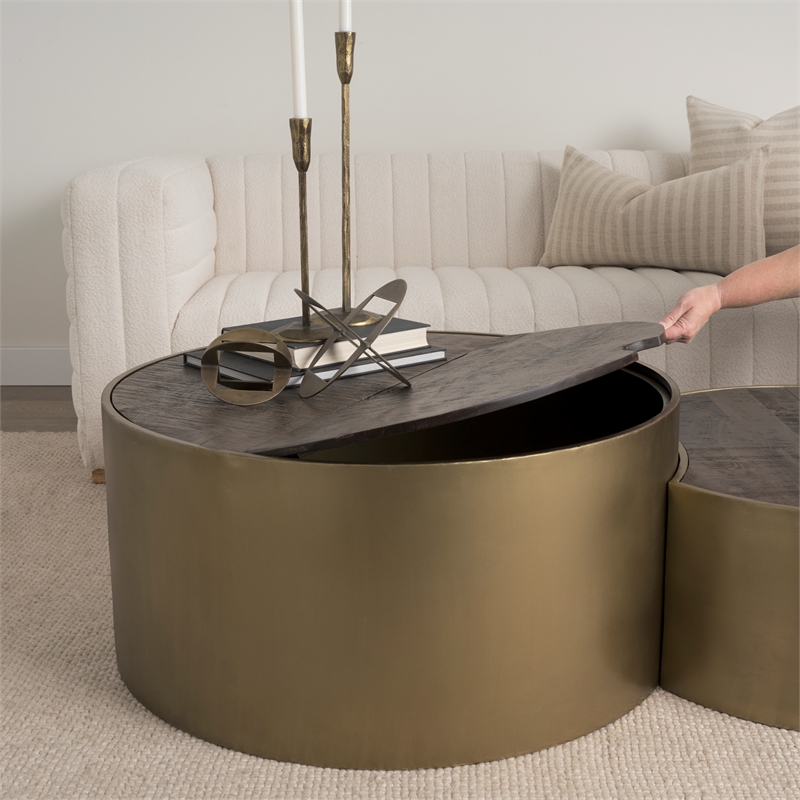 Eclipse Set of 2 36 & 32 Round Brown Wood Top Gold Metal Base Coffee Tables
