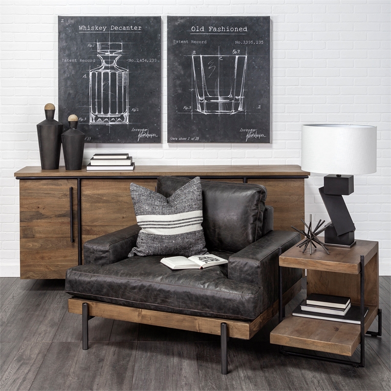 Mercana Maddox I 30L x 17.5W x 22H U-Shaped Brown Wood Black Iron End/Side Table