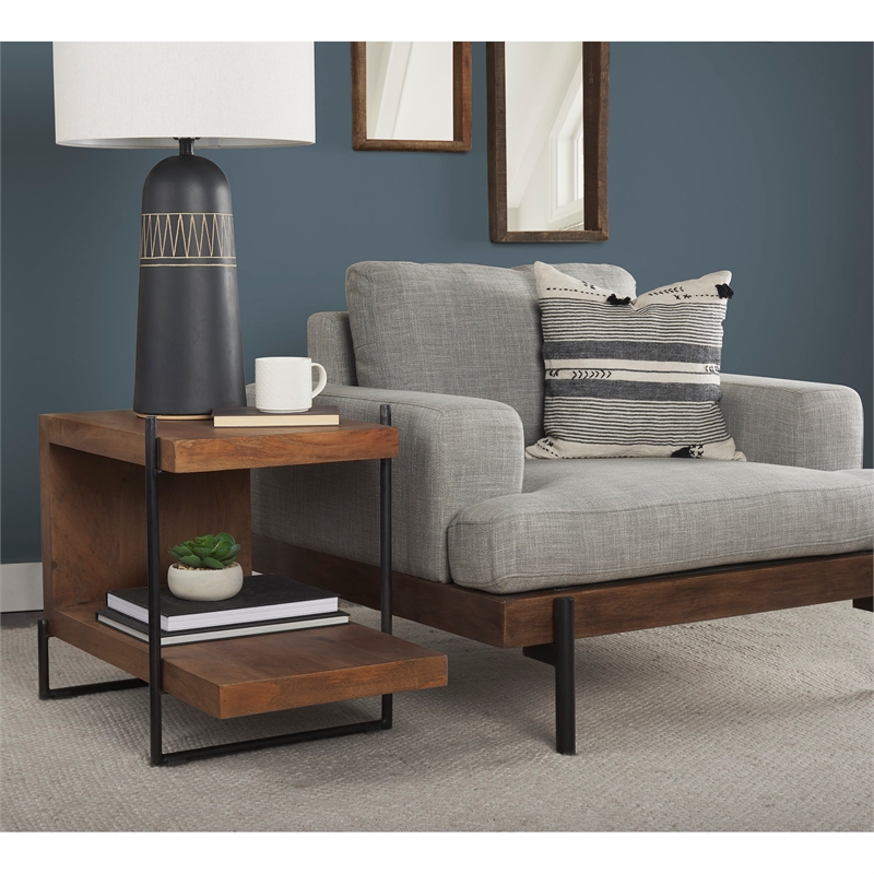 Mercana Maddox I 30L x 17.5W x 22H U-Shaped Brown Wood Black Iron End/Side Table